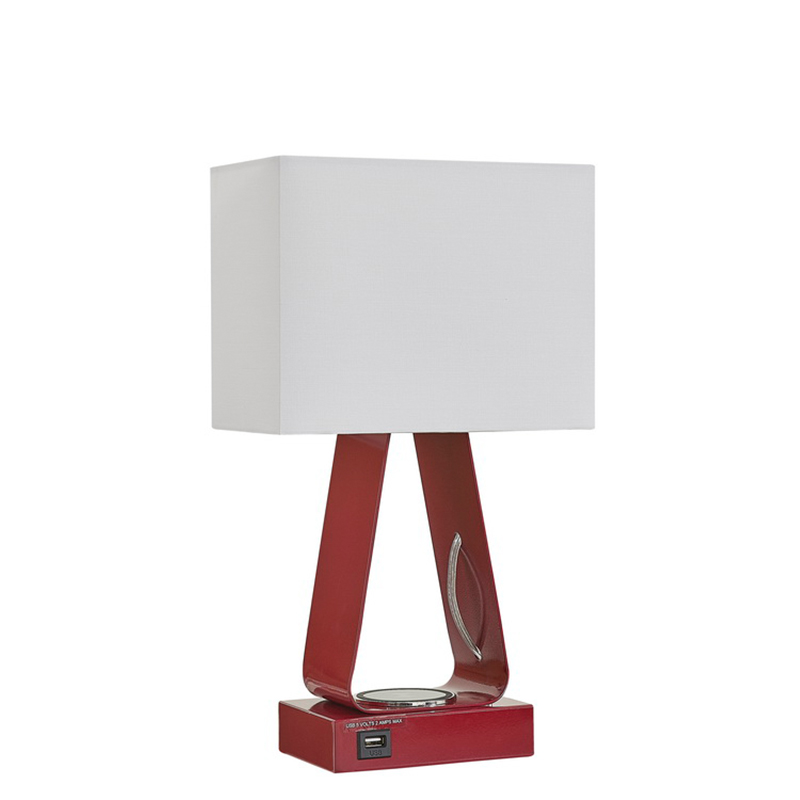 Winzige Schreibtischlampe mit rotem Finish, einem USB -Ladeanschluss, einer drahtlosen Ladestation und einem auf/off Rocker -Schalter im Gästezimmer