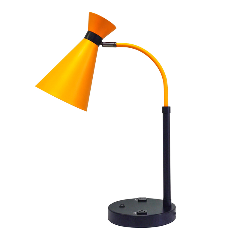 Two Töne Schreibtischlampe mit schwarzer und hellgelbem Finish, A auf/Off -Rocker -Schalter und zwei bequeme Outlets im Gästezimmer